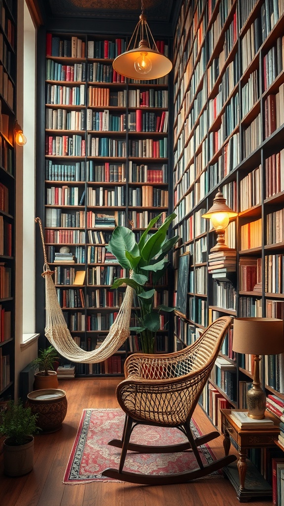 Cozy home library featuring floor-to-ceiling bookshelves, a hammock, and a rocking chair.