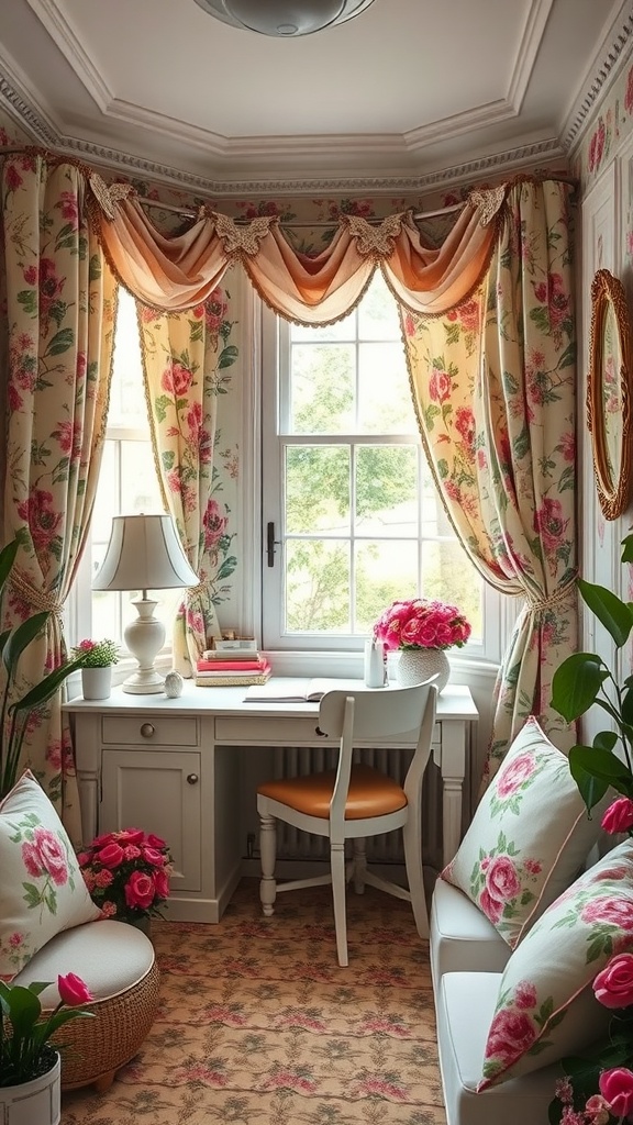 A cozy office nook with floral curtains and cushions, showcasing a shabby chic aesthetic.