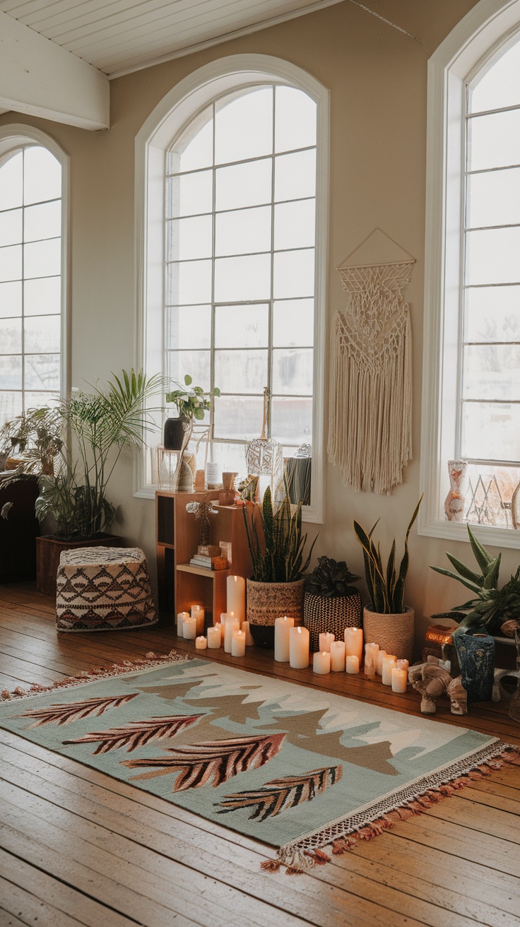 A boho rug with flowy fringe details, featuring earthy colors and a light blue background, enhancing a cozy home office space.