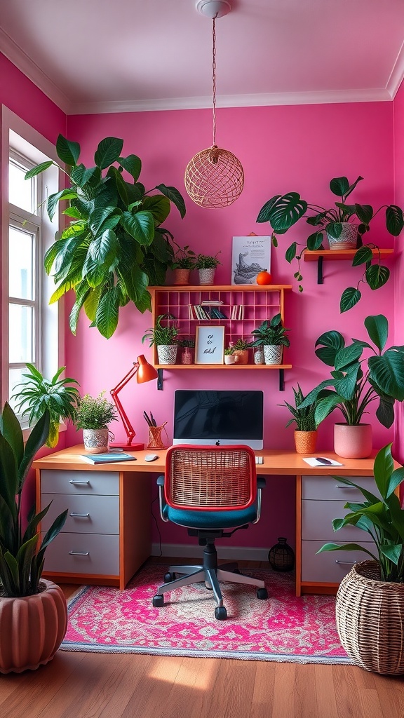 A cozy bohemian office space with pink walls, a wooden desk, and lush green plants.