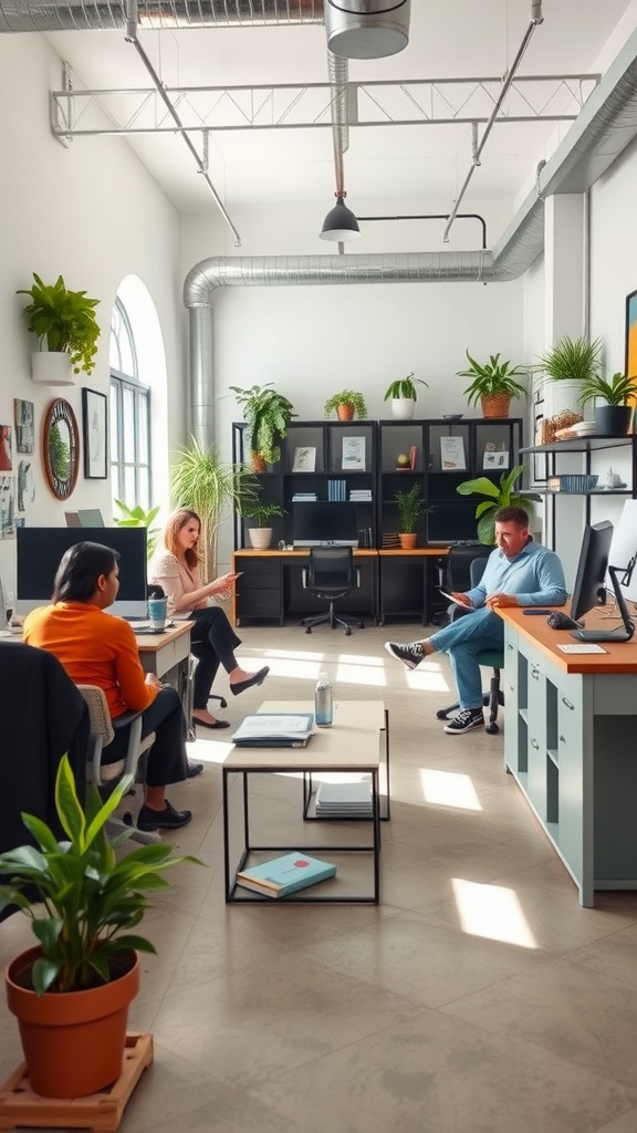 A modern industrial office space filled with natural light, featuring people engaged in various work activities.