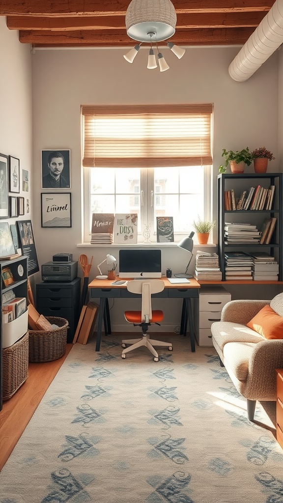 A cozy office space with a desk, chair, and bookshelves filled with plants and decorative items.