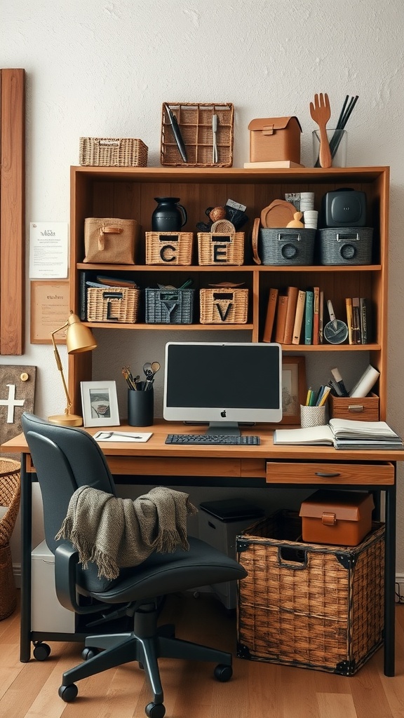 A well-organized rustic office with decorative bins on a wooden shelf, showcasing a cozy and functional workspace.