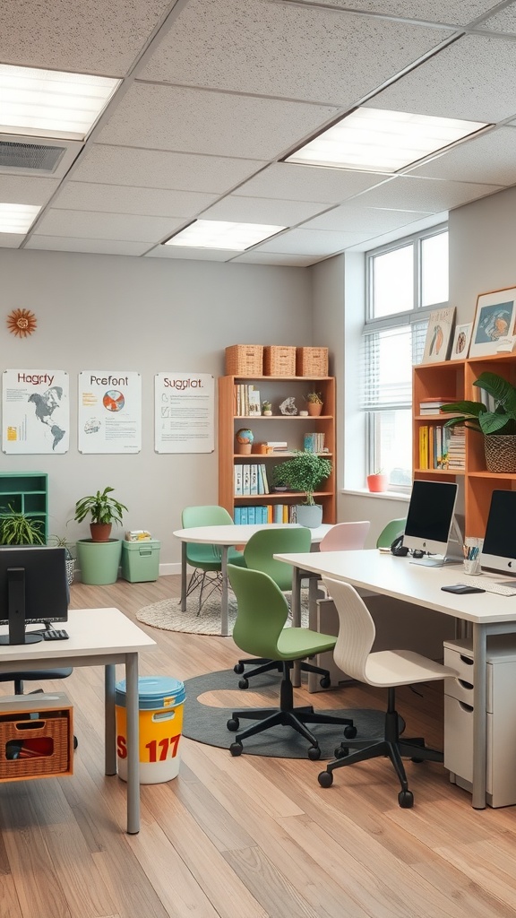 A functional family office space with multiple workstations, colorful chairs, and organized shelving, showcasing a cozy and productive environment.