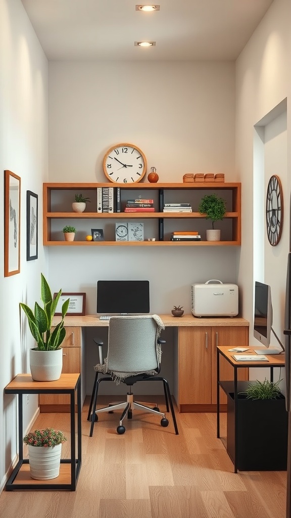 Modern office kitchenette with desk, plants, and shelves