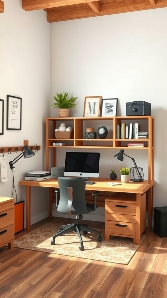 A cozy and functional rustic home office featuring a wooden desk, shelving, and decorative items.