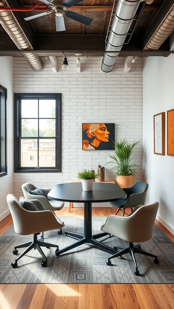 A modern industrial meeting room featuring a large wooden table and comfortable chairs, with exposed pipes and stylish lighting.