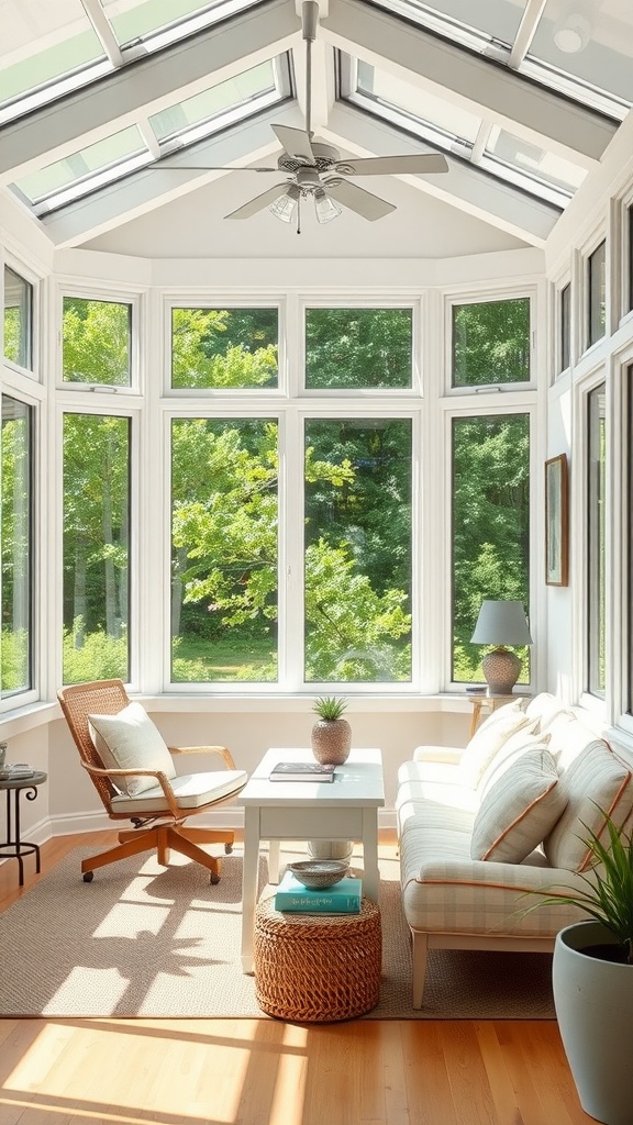 A bright and airy sunroom with large windows, comfortable seating, and a small table, surrounded by greenery.