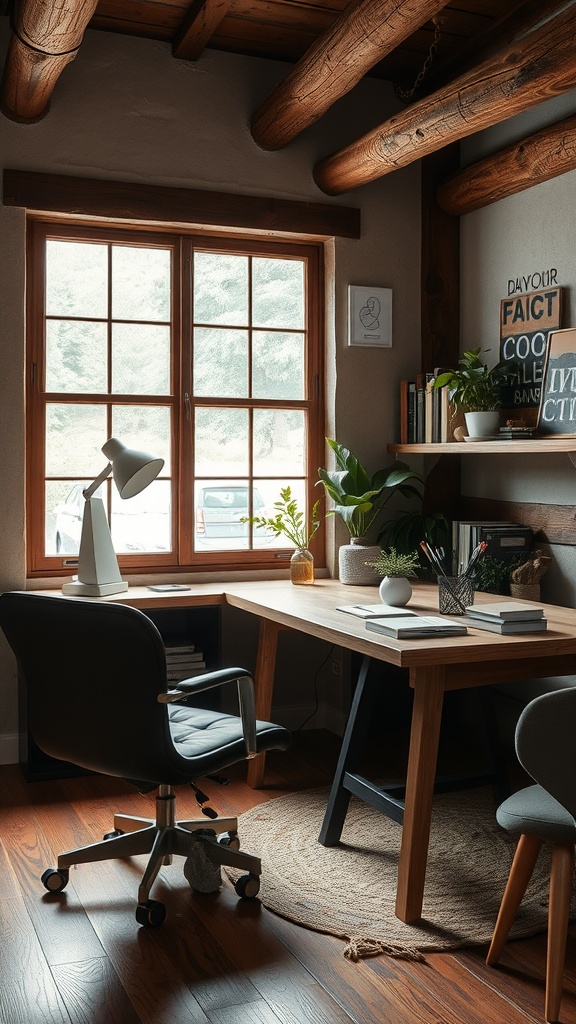 A cozy rustic home office featuring wooden beams, a modern desk, and plants by the window.