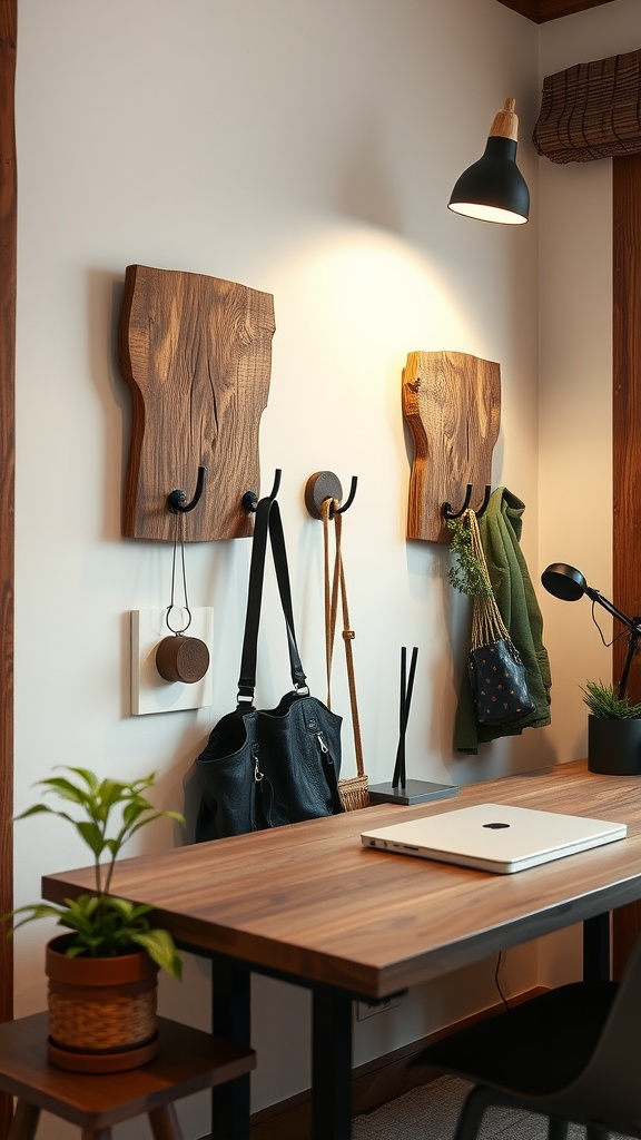 Rustic wall hooks in a cozy home office setting