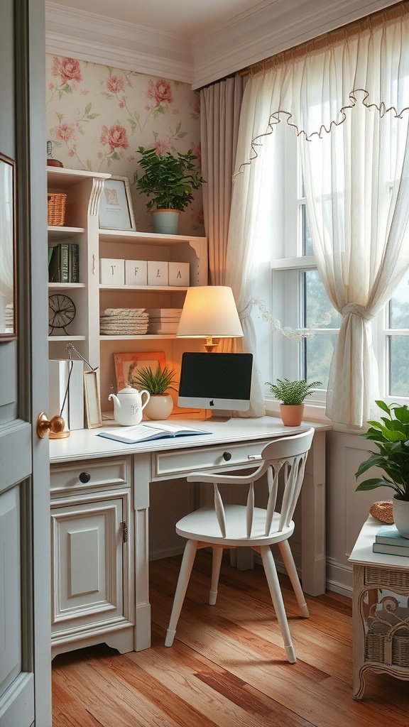 A cozy home office featuring a white desk, vintage decor, and soft curtains.