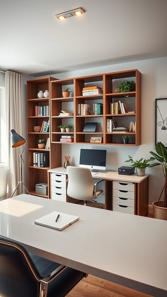 A modern office interior featuring a wooden shelving unit, a desk with drawers, and plants, showcasing functional storage solutions.