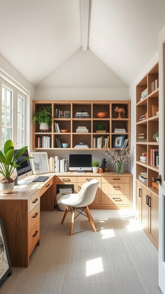 A cozy home office in a sunroom with wooden furniture, built-in shelves, and plants.