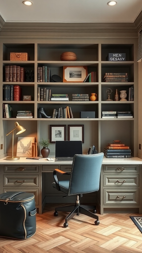 A stylish home office with wooden shelving, a desk, and organized storage, featuring two chairs and decorative items.