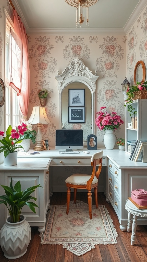 A beautifully designed shabby chic office with floral wallpaper, a white desk, and stylish decor.