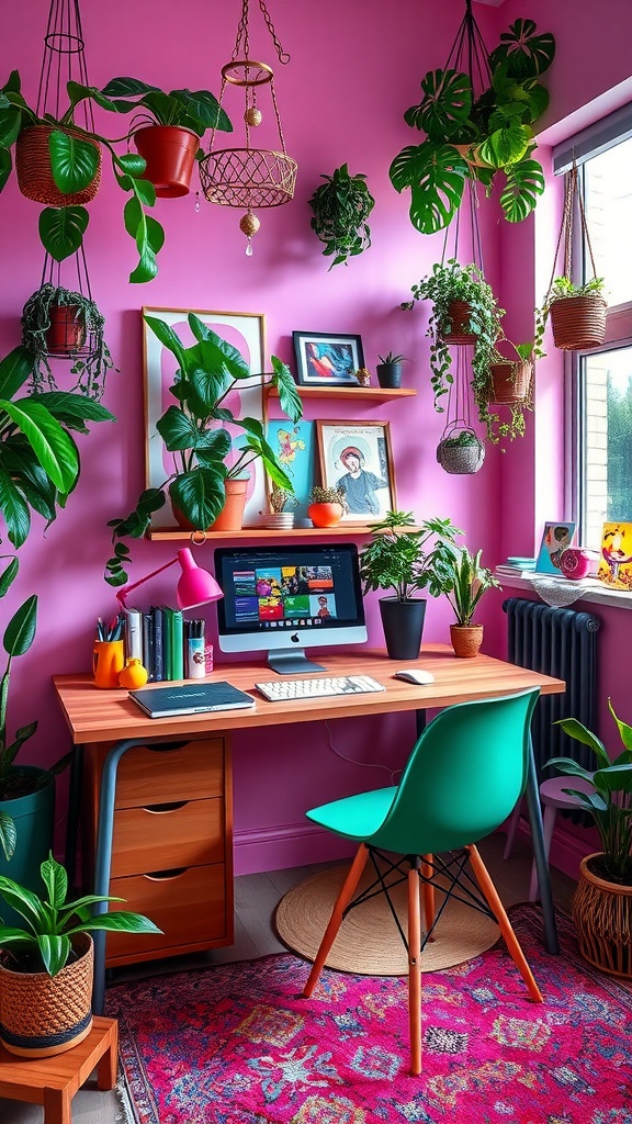 A stylish boho office desk with vibrant pink walls, plants, and a modern desk setup.