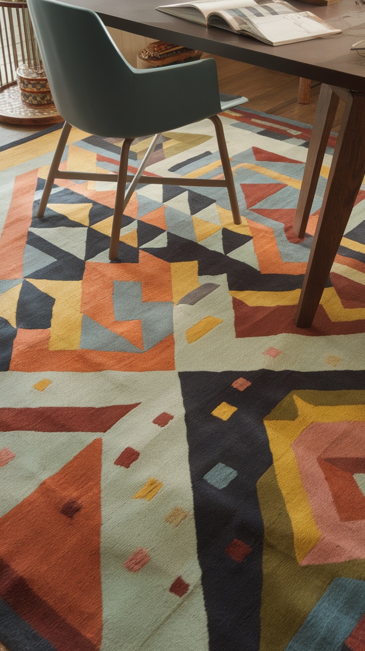 A colorful geometric rug under a desk in a modern office setting.