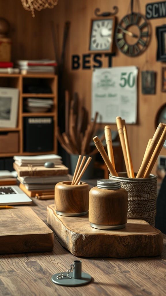 Handcrafted wooden desk accessories in a rustic office setting