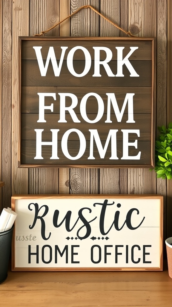 A wall in a rustic office with various handcrafted wooden signs displaying different words and phrases.