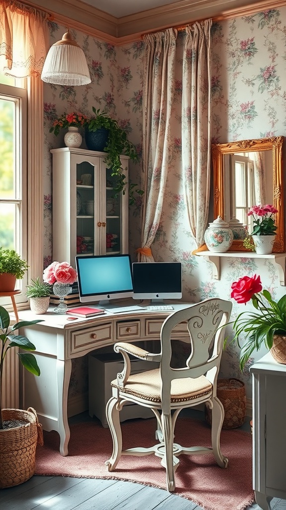 Shabby chic home office with floral wallpaper, a vintage desk, and handmade decorative items.