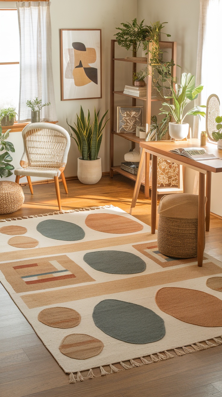 A stylish bohemian rug in a cozy office space with plants and modern furniture.