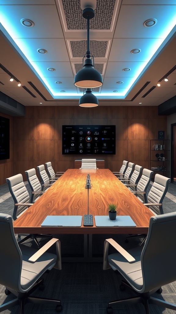 A modern conference room featuring a long wooden table, comfortable chairs, and a large screen, with ambient lighting.