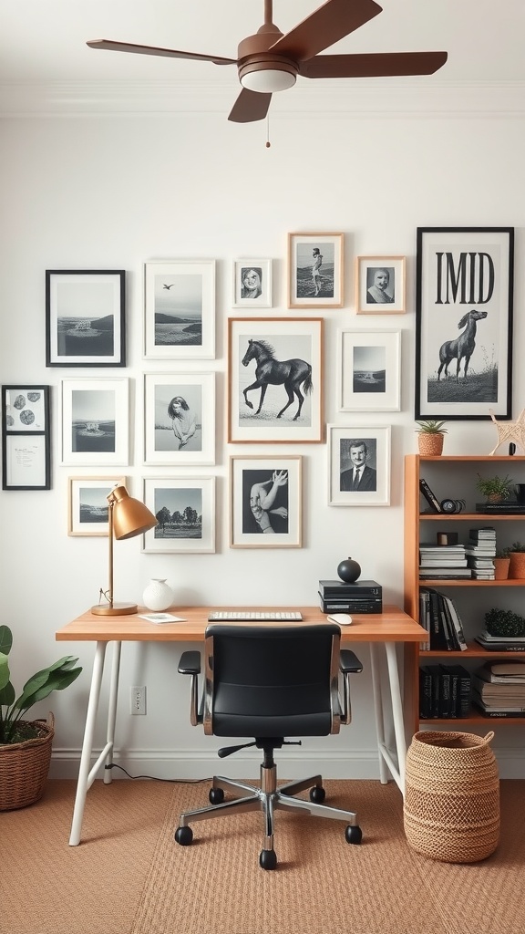 Cozy home office featuring a gallery wall with framed images, a wooden desk, and a comfortable chair.