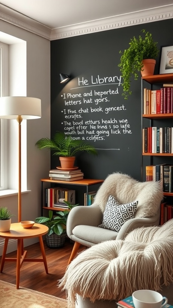 A cozy library corner featuring a chalkboard wall, stylish furniture, and bookshelves filled with books.