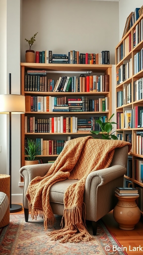 A cozy reading chair with a warm throw blanket draped over it, surrounded by bookshelves.