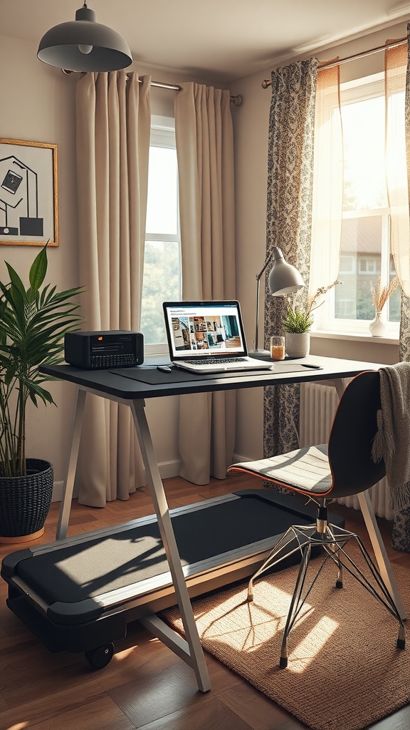 A modern home office featuring a desk treadmill, minimal desk setup, and cozy decor.