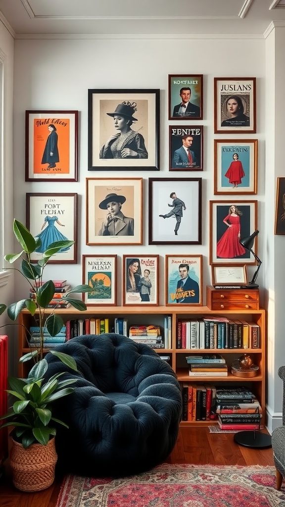 A cozy library room featuring framed book covers and vintage portraits on the wall, with a tufted chair and bookshelves filled with books.