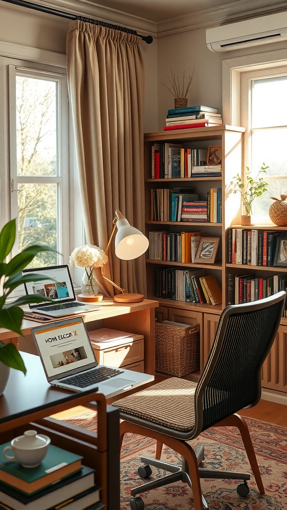 A cozy home office with a desk, laptop, and a bookshelf filled with books