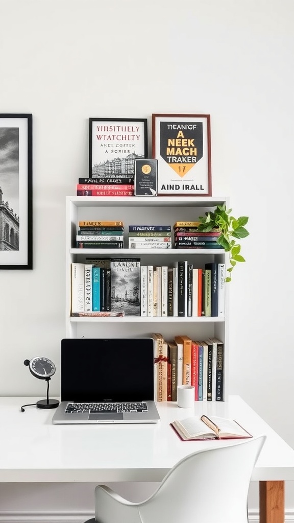 A stylish home office with a wooden bookcase filled with books, a modern desk setup, and a cozy chair, decorated with plants and thoughtful decor.