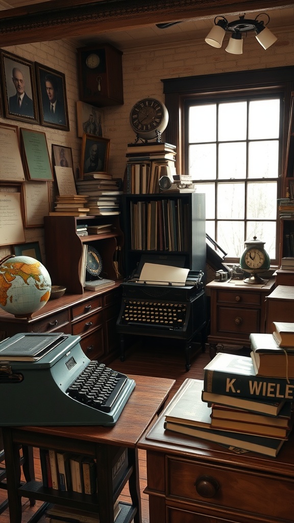 A vintage home office with wooden furniture, antique typewriters, books, and framed photographs.