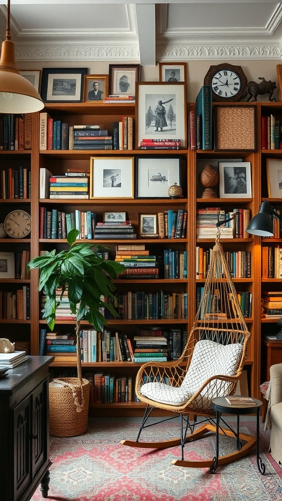 A cozy home library featuring bookshelves filled with books, vintage artwork on the walls, and a comfortable rocking chair.