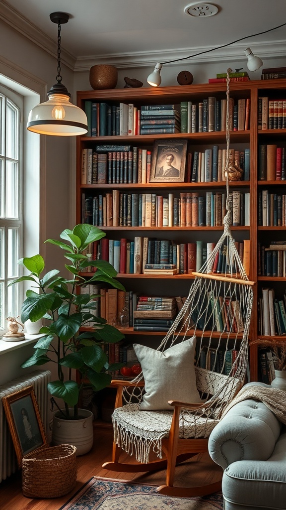 Cozy home library featuring a large bookshelf filled with books, a comfy chair, and personal touches like a photo and plants.