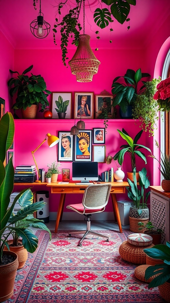 A vibrant bohemian office space with pink walls, plants, and a cozy desk.