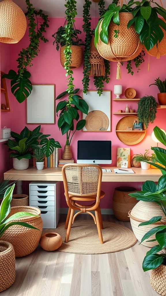 A bohemian office space with pink walls, greenery, a wooden desk, and woven decor.