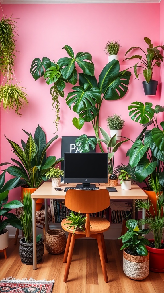 A colorful boho office workspace filled with various indoor plants against a pink wall.