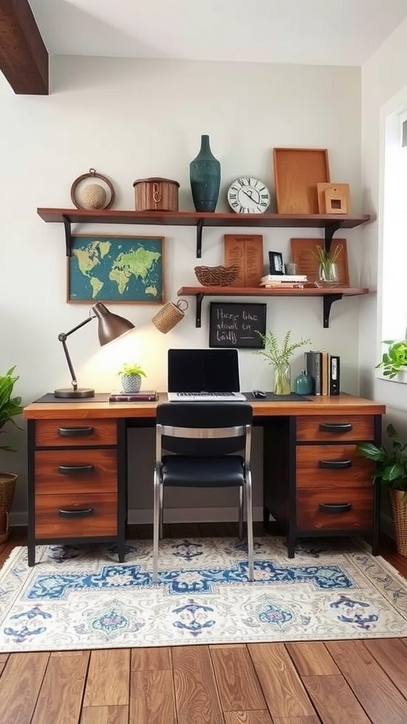 A stylish industrial home office featuring decorative clocks, plants, and a wooden desk