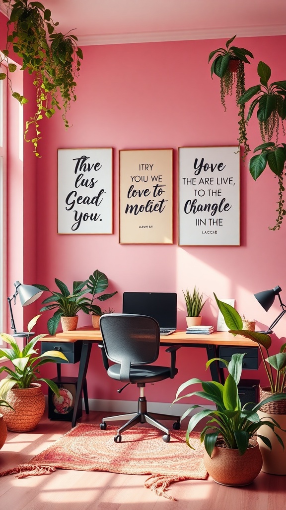 A colorful boho office room with motivational quotes on the wall, surrounded by plants and a cozy desk.