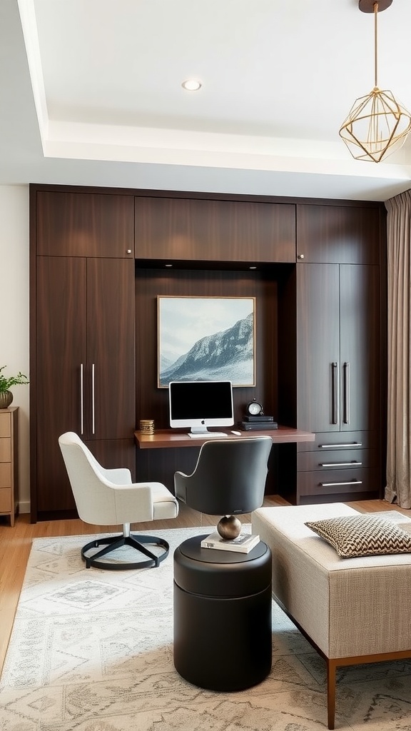 A modern room with a Murphy bed integrated into cabinetry