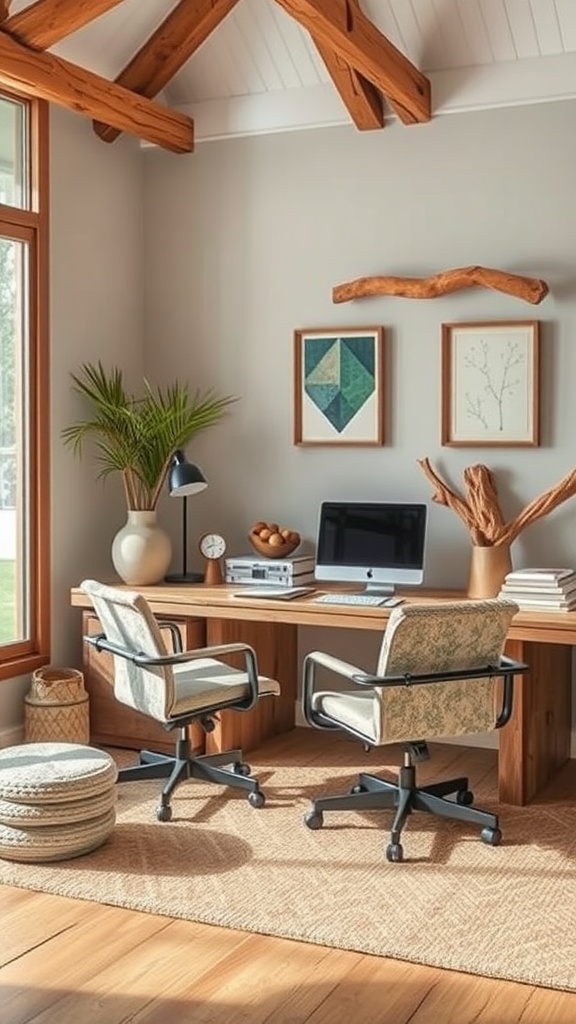 A rustic home office featuring a wooden desk, natural decor, and a cozy atmosphere