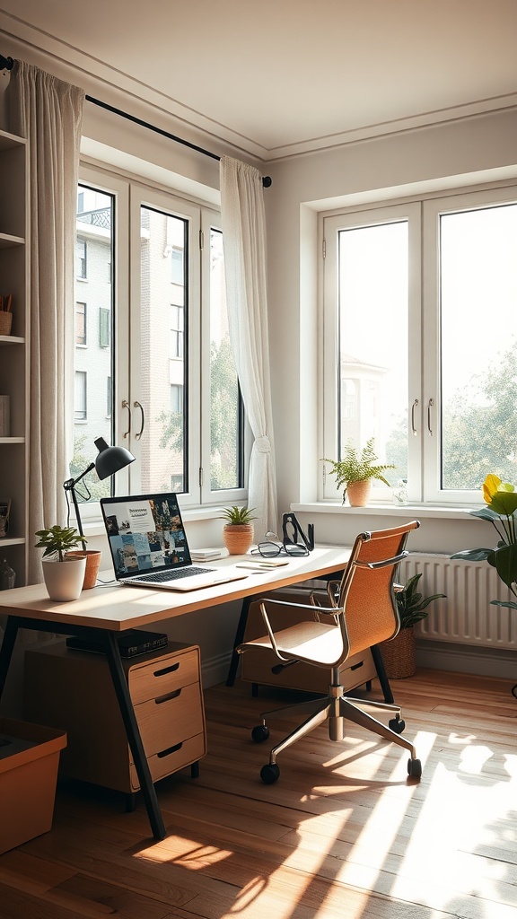 Bright and cozy home office with large windows, a minimalist desk setup, and greenery.