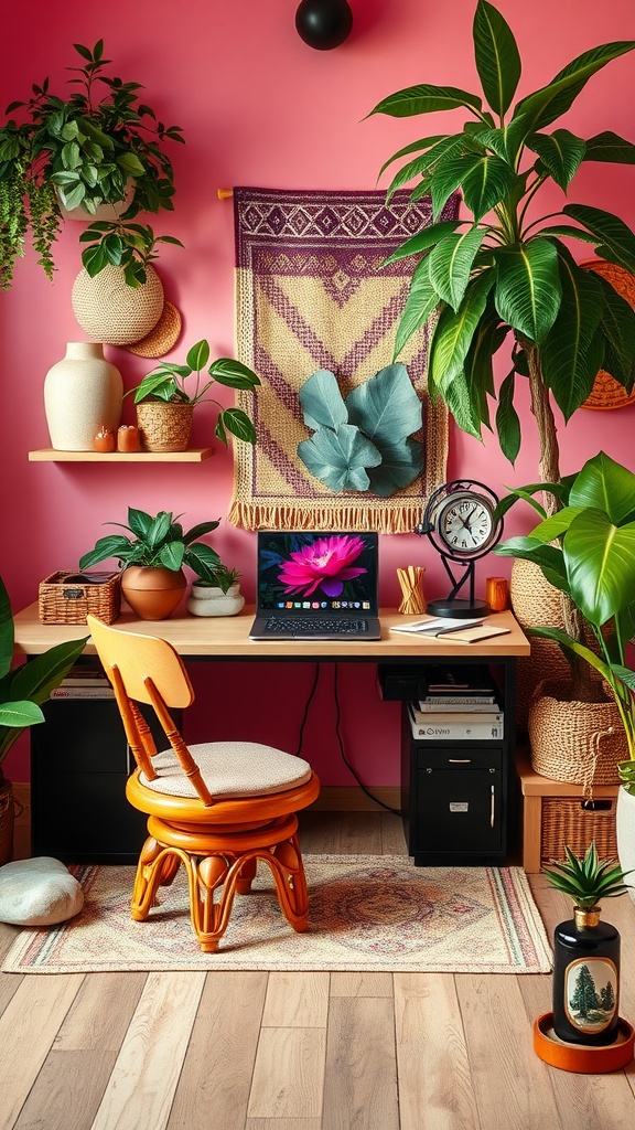 A cozy boho office setup featuring a wooden desk, vibrant plants, and warm colors.