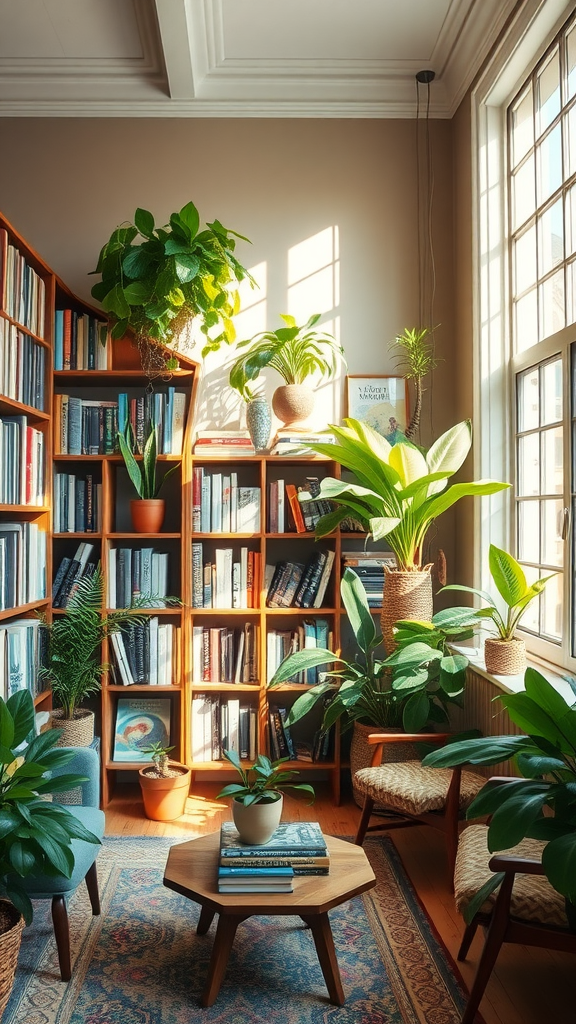 A cozy home library with bookshelves, a hammock, and various plants