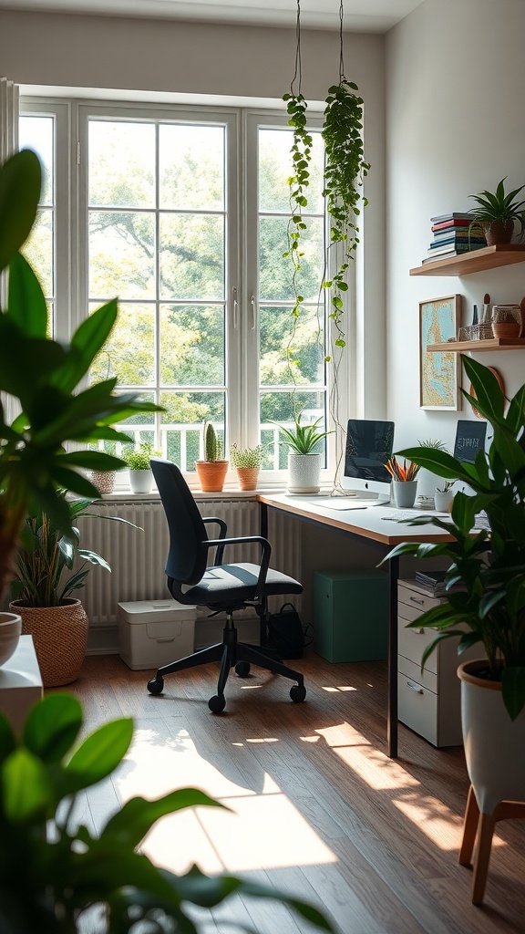 A bright and inviting home office with large windows and various indoor plants creating a cozy atmosphere.