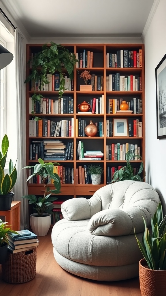 Cozy reading room with bookshelves and various indoor plants