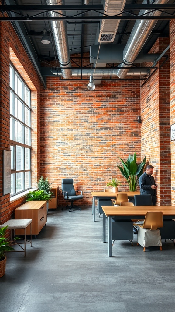 A modern industrial office space featuring exposed brick walls, large windows, and simple furniture.