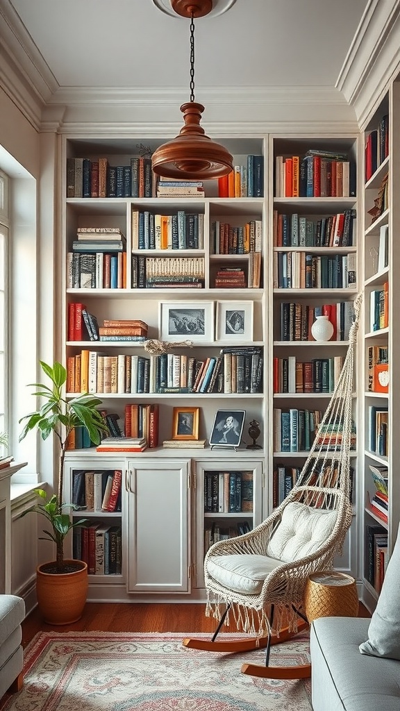 Cozy home library featuring a bookshelf filled with books, a hanging chair, and plants.